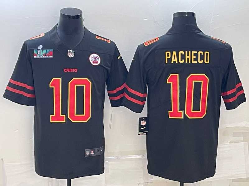 Mens Kansas City Chiefs #10 Isiah Pacheco Black Red Gold Super Bowl LVII Patch Vapor Untouchable Limited Stitched Jersey